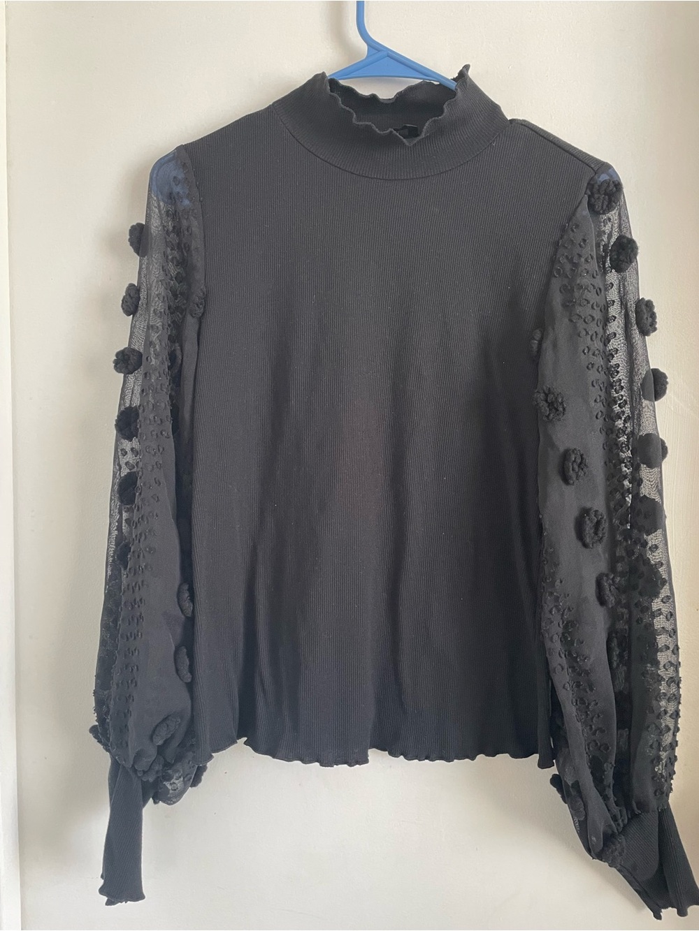 SHEIN Black Sheer Puff Sleeve Mock Neck Top with Floral Appliques - Picture 2 of 3